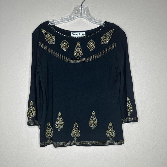 Joseph A Sweater Women XL Embroidered Beaded 3/4 Sleeve‎ Black Gold Metallic ... - Picture 1 of 7